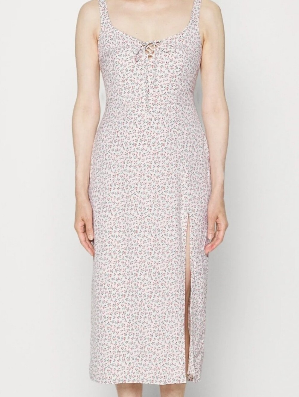 Abercrombie & Fitch Floral Lace-Up White & Orange Midi Dress With Slit